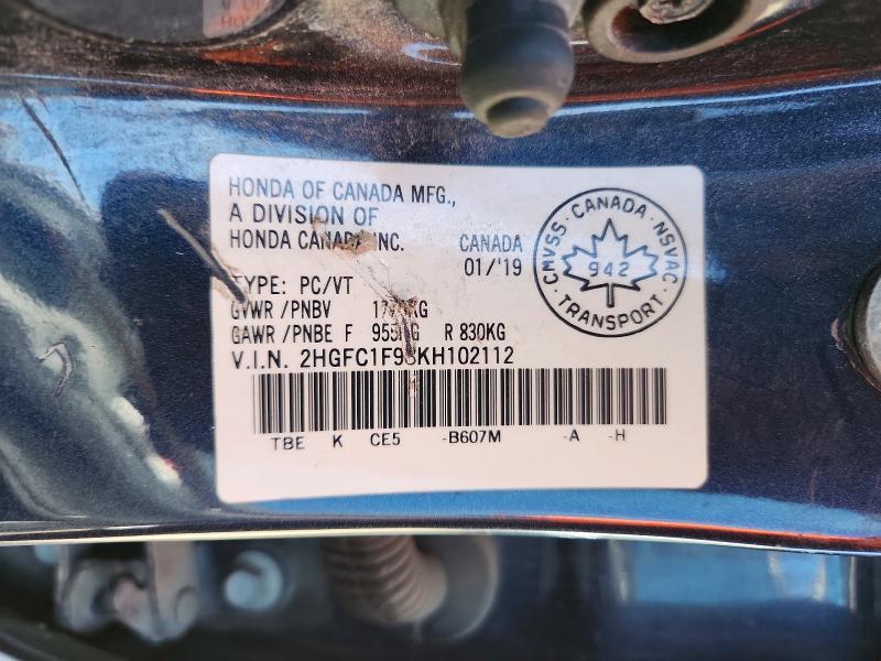 69930486 :رقم المزاد ، 2HGFC1F98KH102112 vin ، 2019 Honda Civic مزاد بيع
