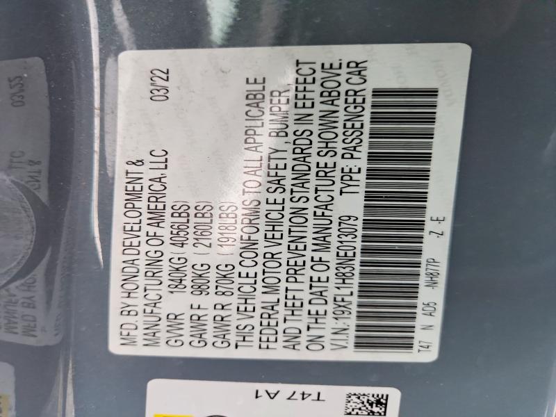 Aukcja sprzedaży 2022 Honda Civic, vin: 19XFL1H83NE013079, numer aukcji: 67330996