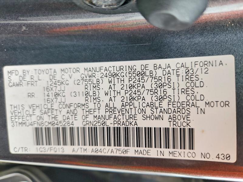 Продажа на аукционе авто 2012 Toyota Tacoma, vin: 3TMMU4FN8CM045284, номер лота: 70804636