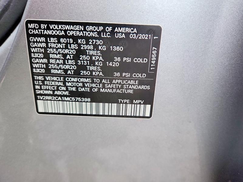 Aukcja sprzedaży 2021 Volkswagen Atlas, vin: 1V2RR2CA1MC575398, numer aukcji: 70187536