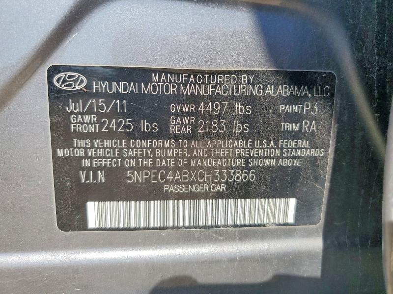68615106 :رقم المزاد ، 5NPEC4ABXCH333866 vin ، 2012 Hyundai Sonata مزاد بيع