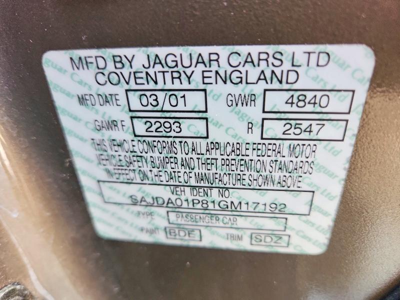 2001 Jaguar S-type მანქანა იყიდება აუქციონზე, vin: SAJDA01P81GM17192, აუქციონის ნომერი: 68543416