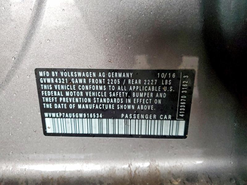 70870756 :رقم المزاد ، WVWKP7AU5GW916534 vin ، 2016 Volkswagen E-golf مزاد بيع