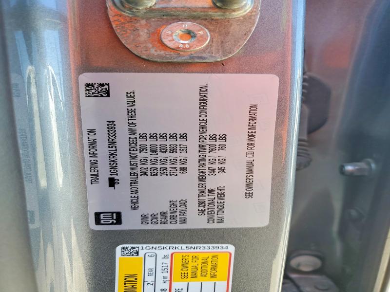 69046126 :رقم المزاد ، 1GNSKRKL5NR333934 vin ، 2022 Chevrolet Tahoe مزاد بيع