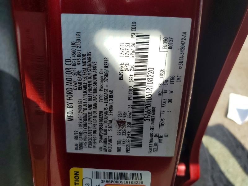 Продаж на аукціоні авто 2020 Ford Fusion, vin: 3FA6P0HD5LR108220, номер лоту: 67985496