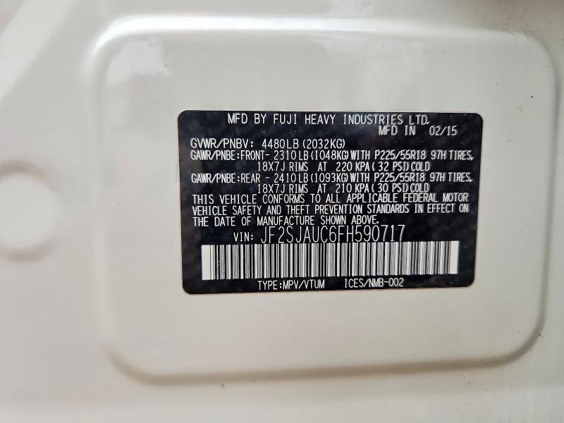 2015 Subaru Forester მანქანა იყიდება აუქციონზე, vin: JF2SJAUC6FH590717, აუქციონის ნომერი: 69380726