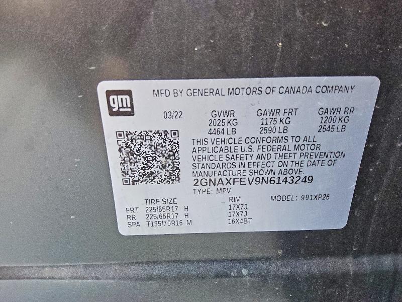 68112966 :رقم المزاد ، 2GNAXFEV9N6143249 vin ، 2022 Chevrolet Equinox مزاد بيع