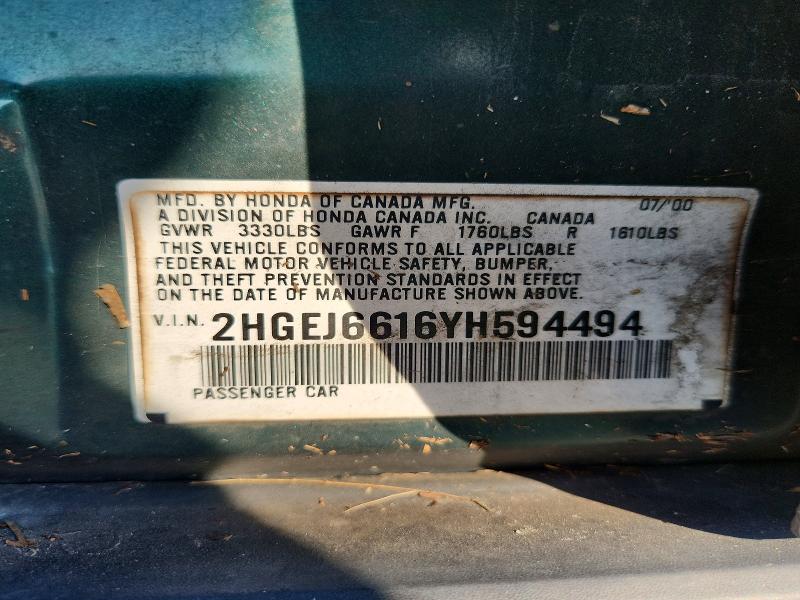 Aukcja sprzedaży 2000 Honda Civic, vin: 2HGEJ6616YH594494, numer aukcji: 67534206