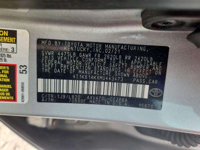 70628156 :رقم المزاد ، 4T1K61AKXMU443473 vin ، 2021 Toyota Camry مزاد بيع
