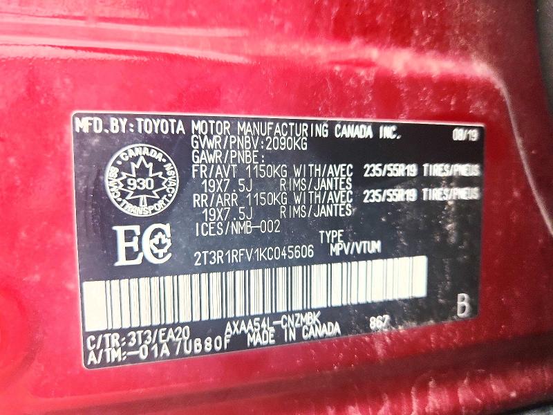 68811756 :رقم المزاد ، 2T3R1RFV1KC045606 vin ، 2019 Toyota Rav4 مزاد بيع