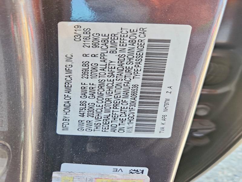 Продаж на аукціоні авто 2019 Honda Accord, vin: 1HGCV1F30KA066536, номер лоту: 69167126