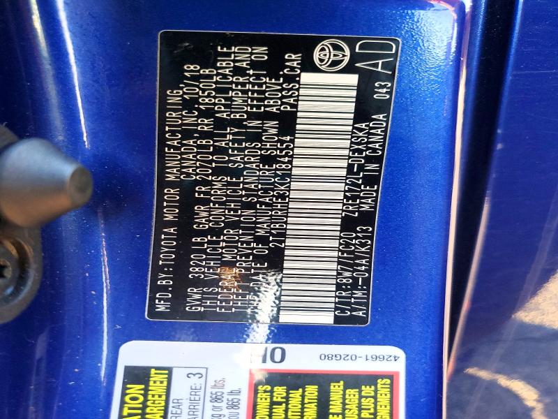 2019 Toyota Corolla მანქანა იყიდება აუქციონზე, vin: 2T1BURHE3KC184554, აუქციონის ნომერი: 68103936