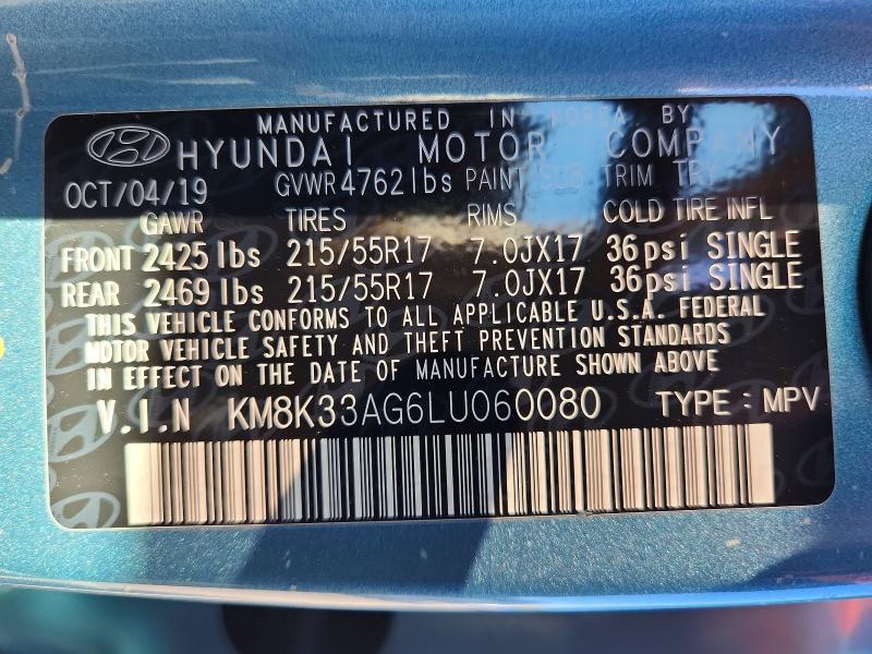 67323106 :رقم المزاد ، KM8K33AG6LU060080 vin ، 2020 Hyundai Kona مزاد بيع