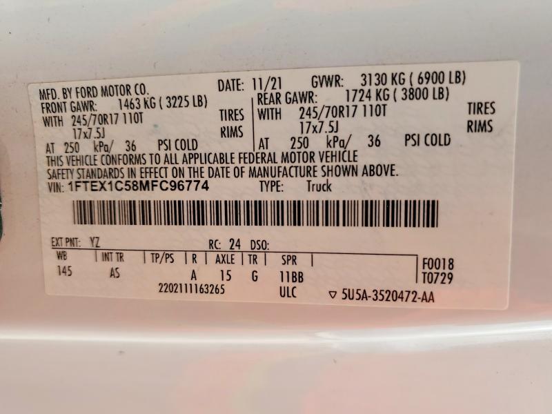 2021 Ford F150 მანქანა იყიდება აუქციონზე, vin: 1FTEX1C58MFC96774, აუქციონის ნომერი: 68558466