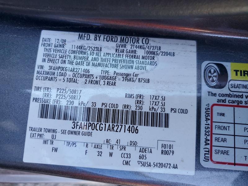 2010 Ford Fusion მანქანა იყიდება აუქციონზე, vin: 3FAHP0CG1AR271406, აუქციონის ნომერი: 70821666
