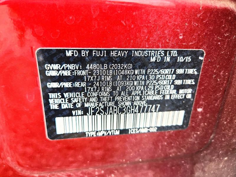 Aukcja sprzedaży 2016 Subaru Forester, vin: JF2SJABC3GH477747, numer aukcji: 68849466