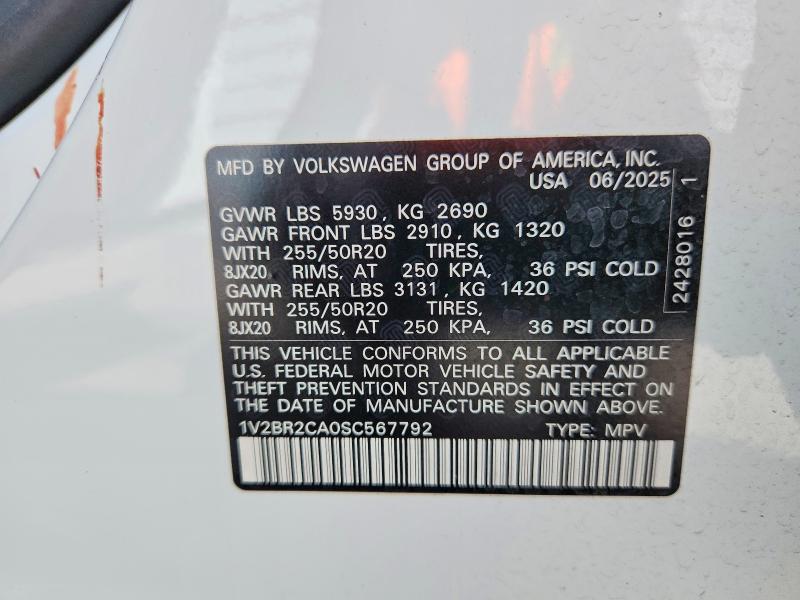Aukcja sprzedaży 2025 Volkswagen Atlas, vin: 1V2BR2CA0SC567792, numer aukcji: 69425116