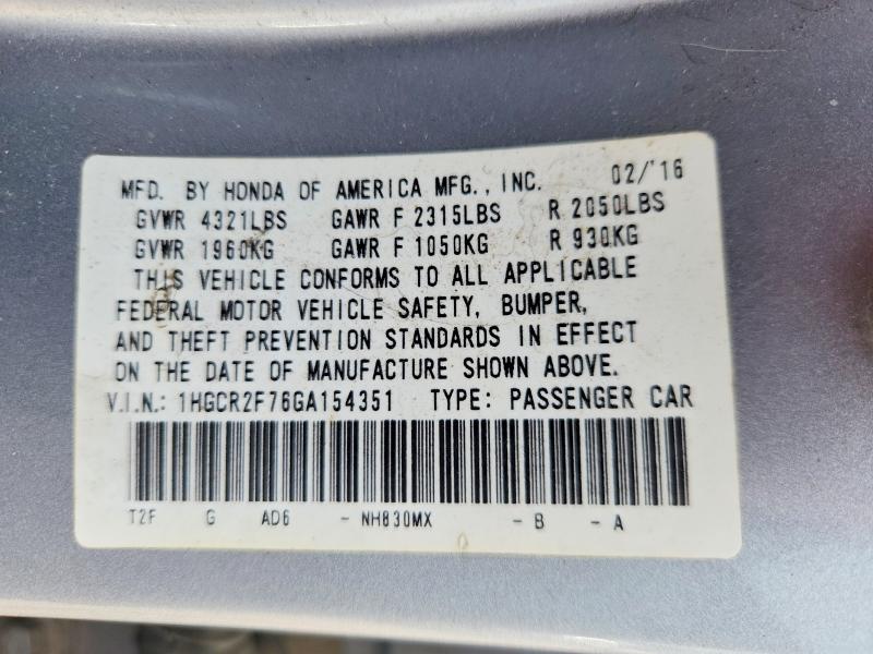 Продаж на аукціоні авто 2016 Honda Accord, vin: 1HGCR2F76GA154351, номер лоту: 70282956