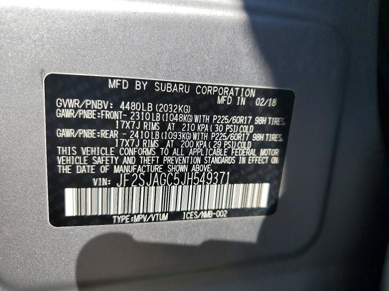 2018 Subaru Forester მანქანა იყიდება აუქციონზე, vin: JF2SJAGC5JH549371, აუქციონის ნომერი: 70304096