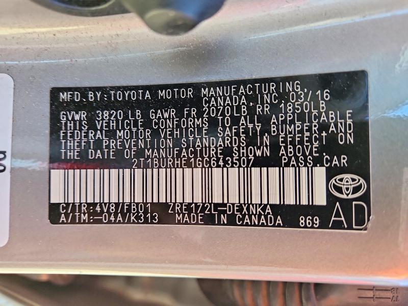 Aukcja sprzedaży 2016 Toyota Corolla, vin: 2T1BURHE1GC643507, numer aukcji: 70131656