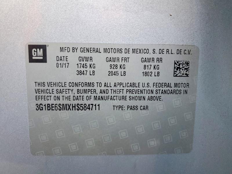 2017 Chevrolet Cruze მანქანა იყიდება აუქციონზე, vin: 3G1BE6SMXHS584711, აუქციონის ნომერი: 70239056