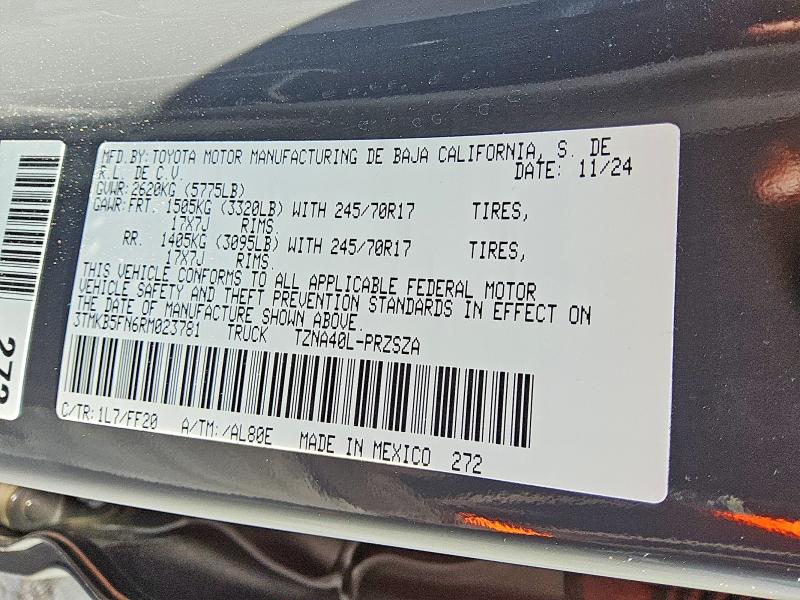 2024 Toyota Tacoma მანქანა იყიდება აუქციონზე, vin: 3TMKB5FN6RM023781, აუქციონის ნომერი: 67601406