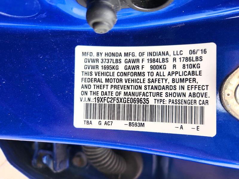 69779506 :رقم المزاد ، 19XFC2F5XGE069635 vin ، 2016 Honda Civic مزاد بيع