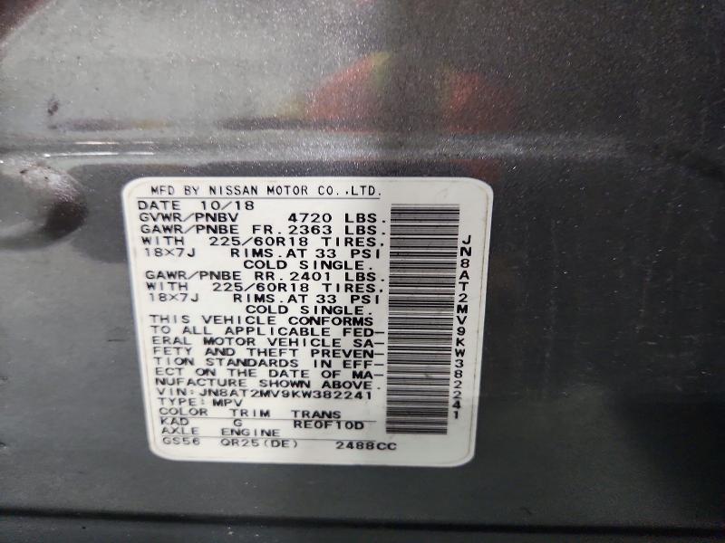 69226006 :رقم المزاد ، JN8AT2MV9KW382241 vin ، 2019 Nissan Rogue مزاد بيع