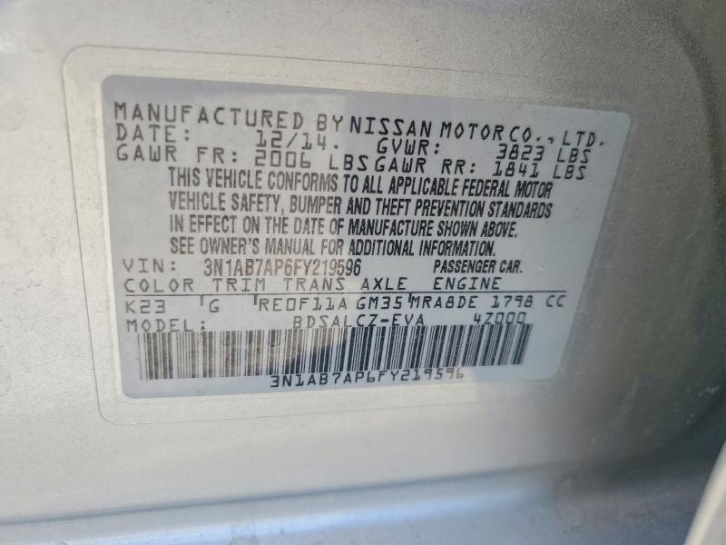 2015 Nissan Sentra მანქანა იყიდება აუქციონზე, vin: 3N1AB7AP6FY219596, აუქციონის ნომერი: 70363566