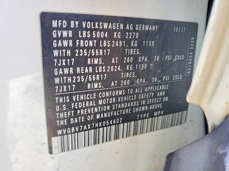 69246046 :رقم المزاد ، WVGBV7AX7HK054602 vin ، 2017 Volkswagen Tiguan مزاد بيع