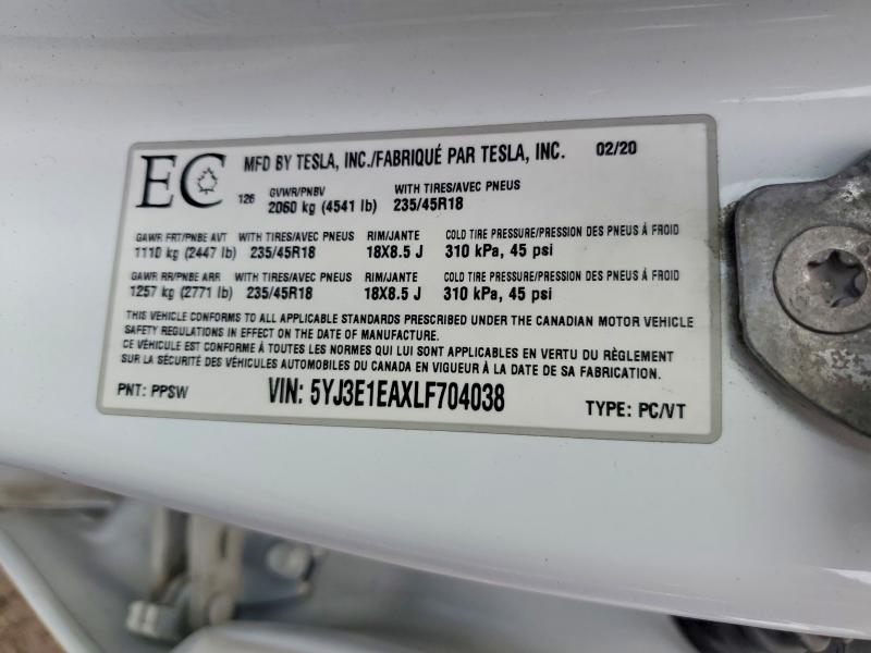 Aukcja sprzedaży 2020 Tesla Model 3, vin: 5YJ3E1EAXLF704038, numer aukcji: 67292326