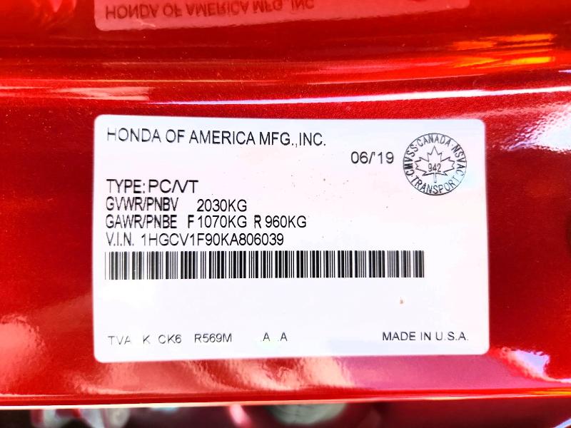 69720766 :رقم المزاد ، 1HGCV1F90KA806039 vin ، 2019 Honda Accord مزاد بيع