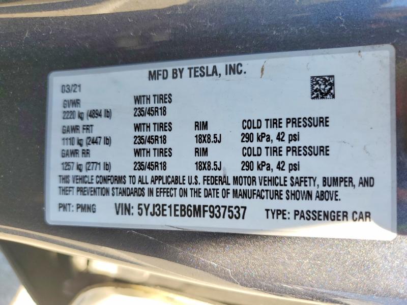 Aukcja sprzedaży 2021 Tesla Model 3, vin: 5YJ3E1EB6MF937537, numer aukcji: 68404876