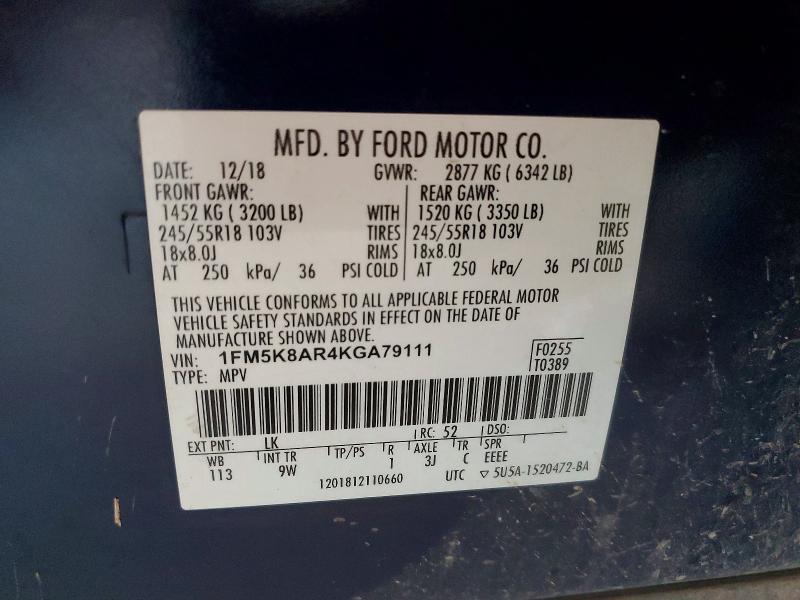 68874426 :رقم المزاد ، 1FM5K8AR4KGA79111 vin ، 2019 Ford Explorer مزاد بيع