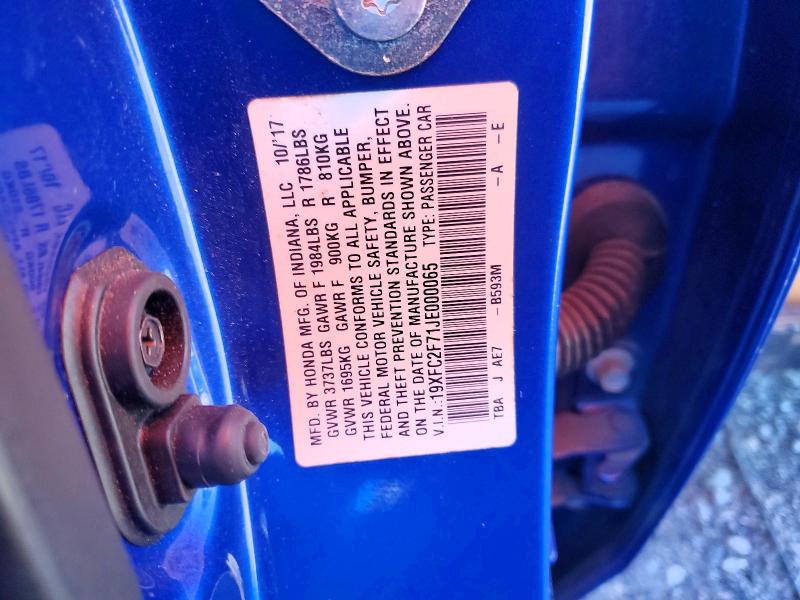 Продаж на аукціоні авто 2018 Honda Civic, vin: 19XFC2F71JE000065, номер лоту: 67265646