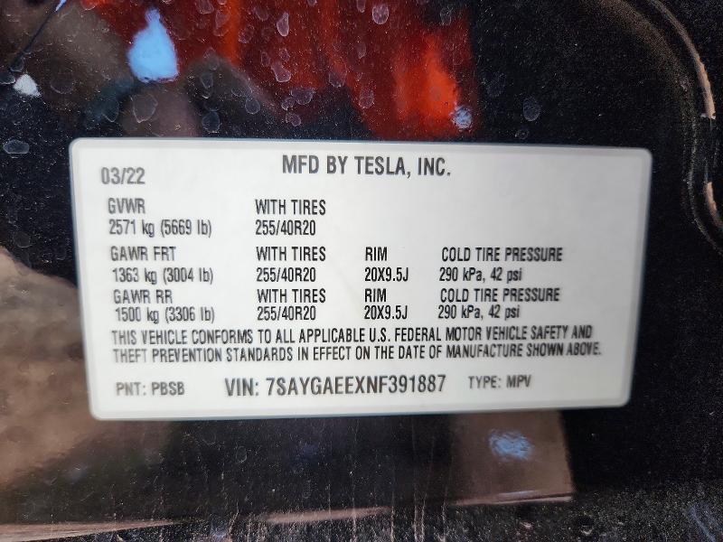 67827006 :رقم المزاد ، 7SAYGAEEXNF391887 vin ، 2022 Tesla Model Y مزاد بيع