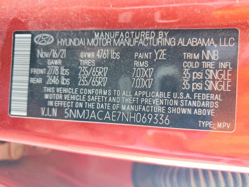 68109746 :رقم المزاد ، 5NMJACAE7NH069336 vin ، 2022 Hyundai Tucson مزاد بيع