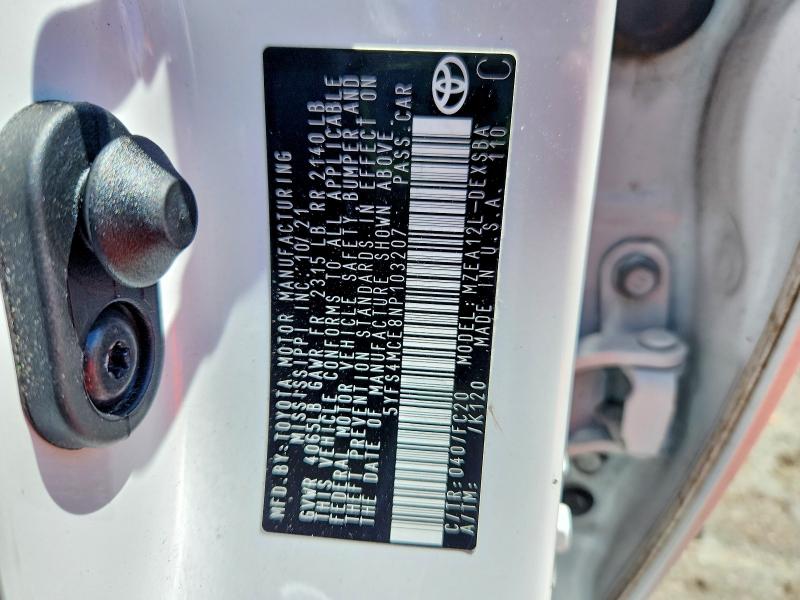 Продажа на аукционе авто 2022 Toyota Corolla, vin: 5YFS4MCE8NP103207, номер лота: 68029586