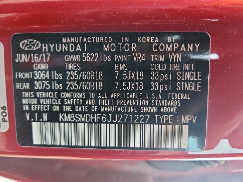 68707306 :رقم المزاد ، KM8SMDHF6JU271227 vin ، 2018 Hyundai Santa Fe مزاد بيع