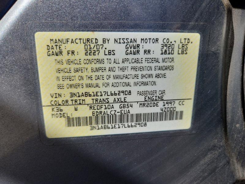 2007 Nissan Sentra მანქანა იყიდება აუქციონზე, vin: 3N1AB61E17L662908, აუქციონის ნომერი: 69539216