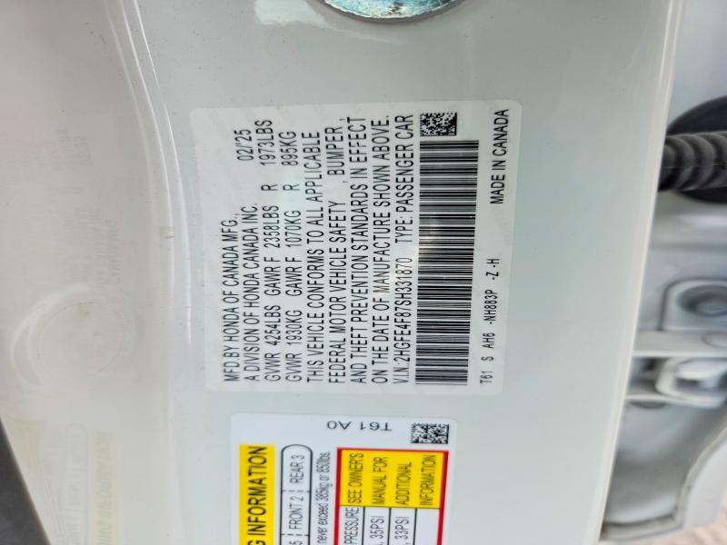 Auction sale of the 2025 Honda Civic, vin: 2HGFE4F87SH331870, lot number: 69391286