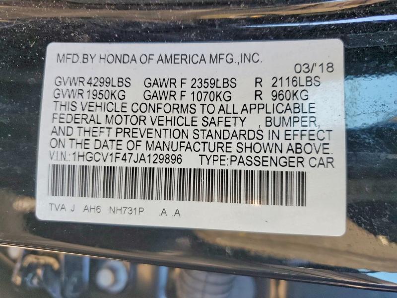 Aukcja sprzedaży 2018 Honda Accord, vin: 1HGCV1F47JA129896, numer aukcji: 68077956