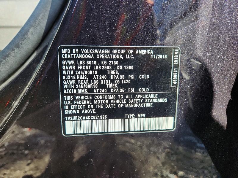 Продаж на аукціоні авто 2019 Volkswagen Atlas, vin: 1V2UR2CA4KC521925, номер лоту: 60255946