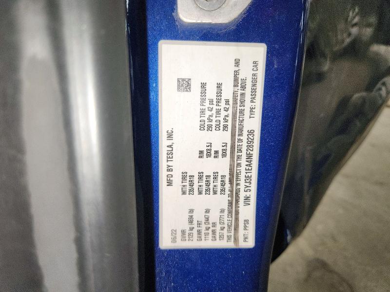 68685096 :رقم المزاد ، 5YJ3E1EA4NF289236 vin ، 2022 Tesla Model 3 مزاد بيع