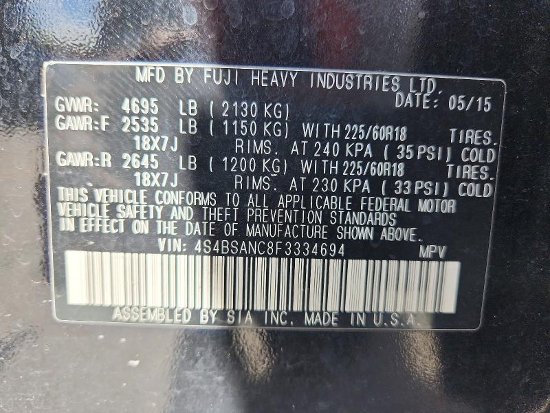69634336 :رقم المزاد ، 4S4BSANC8F3334694 vin ، 2015 Subaru Outback مزاد بيع