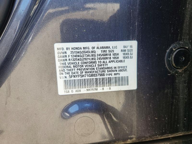2016 Honda Pilot მანქანა იყიდება აუქციონზე, vin: 5FNYF5H71GB037988, აუქციონის ნომერი: 70672746