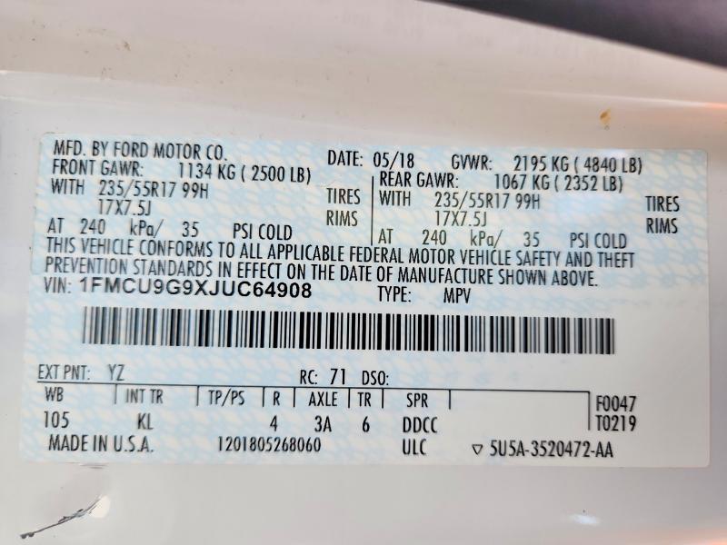 68175226 :رقم المزاد ، 1FMCU9G9XJUC64908 vin ، 2018 Ford Escape مزاد بيع