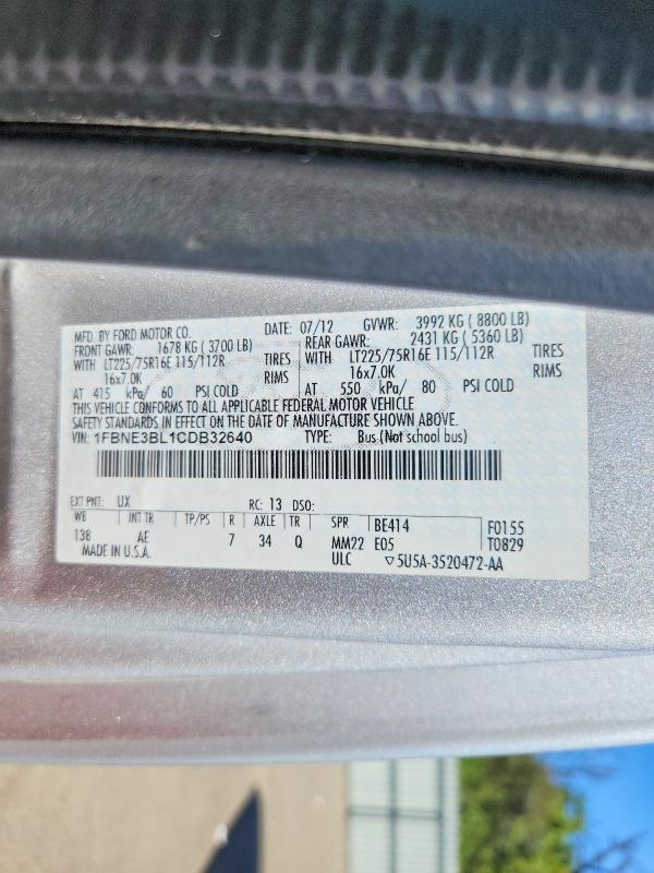 68017076 :رقم المزاد ، 1FBNE3BL1CDB32640 vin ، 2012 Ford Econoline مزاد بيع