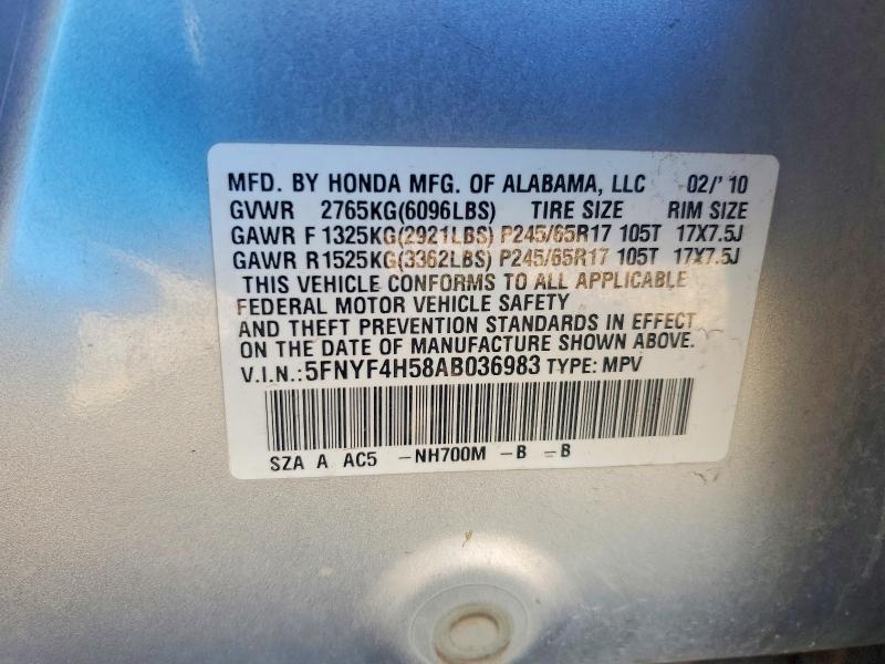 Auction sale of the 2010 Honda Pilot, vin: 5FNYF4H58AB036983, lot number: 70650496
