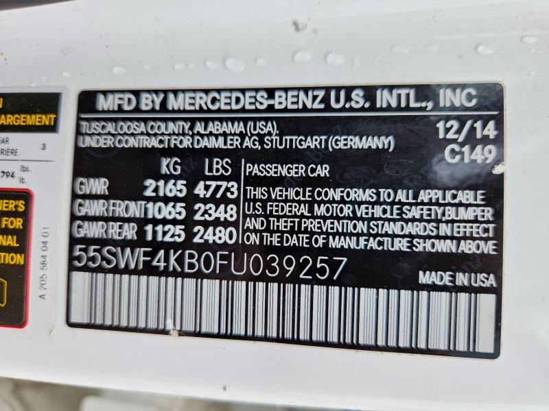 70877036 :رقم المزاد ، 55SWF4KB0FU039257 vin ، 2015 Mercedes-benz C مزاد بيع